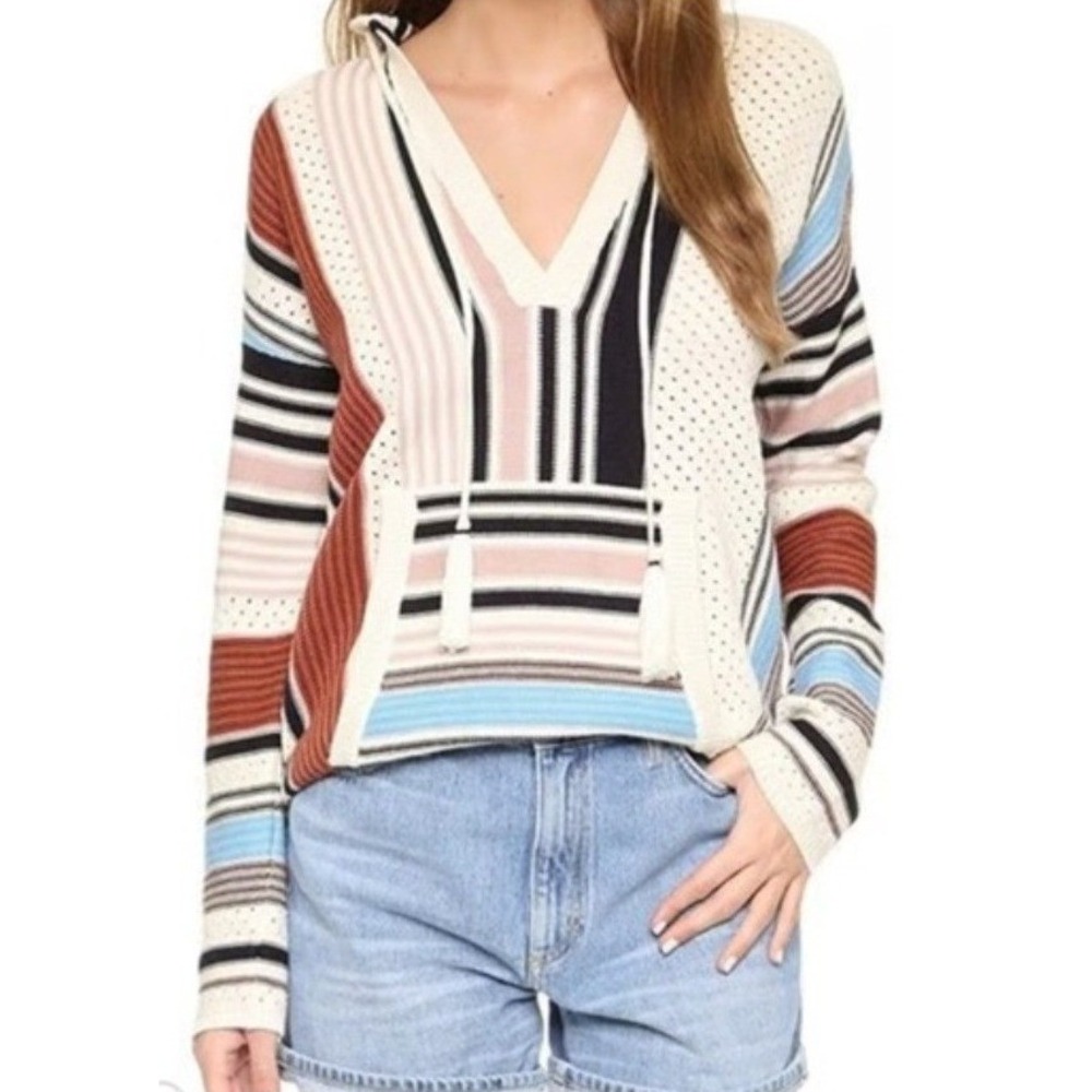 Tory Burch Striped Baja Hoodie Sweater Womens XS Multicolor V-Neck Coastal Boho